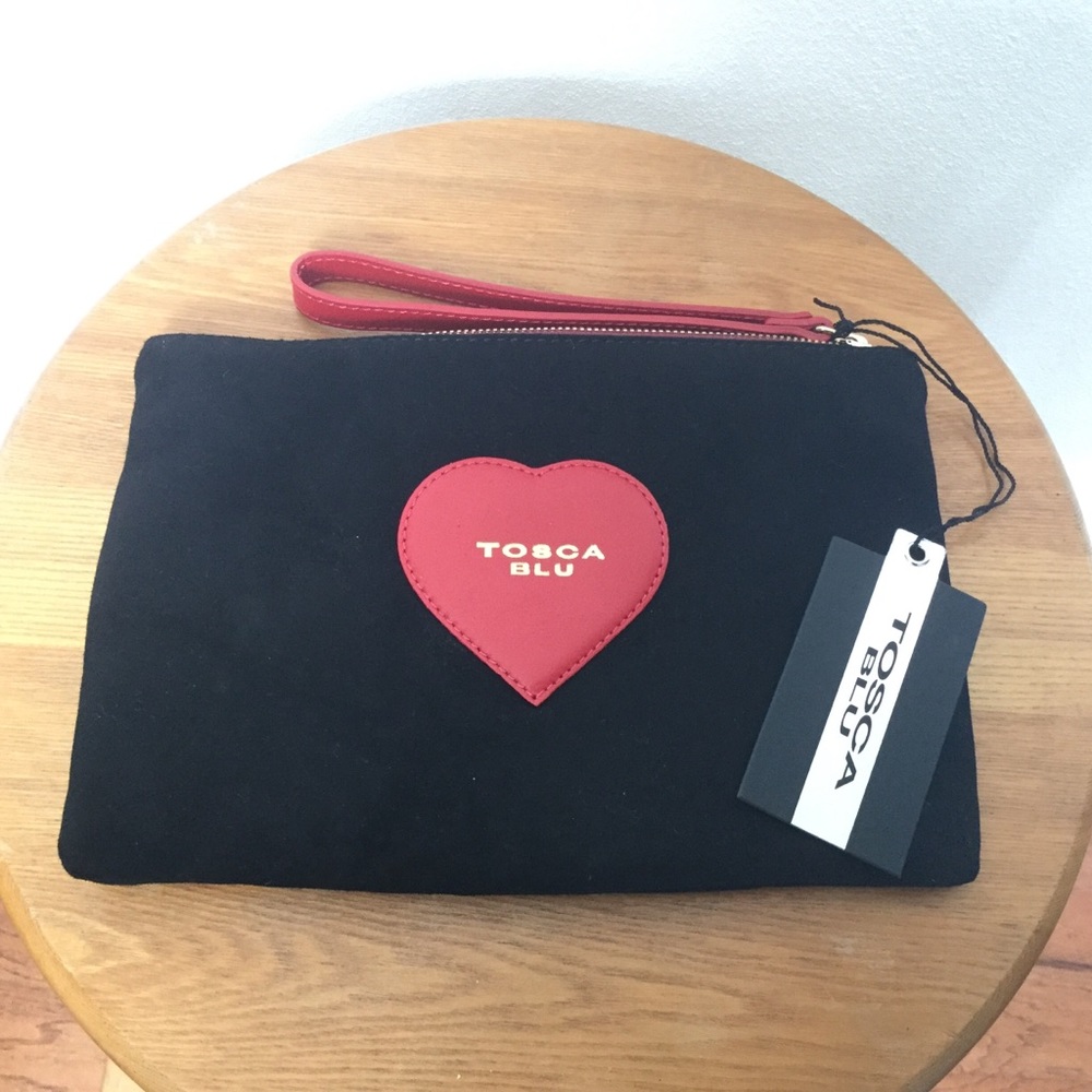 NWT Tosca Blu Black, Red Heart Leather Wristlet Small Clutch Going Out Bag